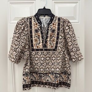 by Anthropologie Women's M Black & Cream Floral Blouse Short Sleeves 100% Cotton